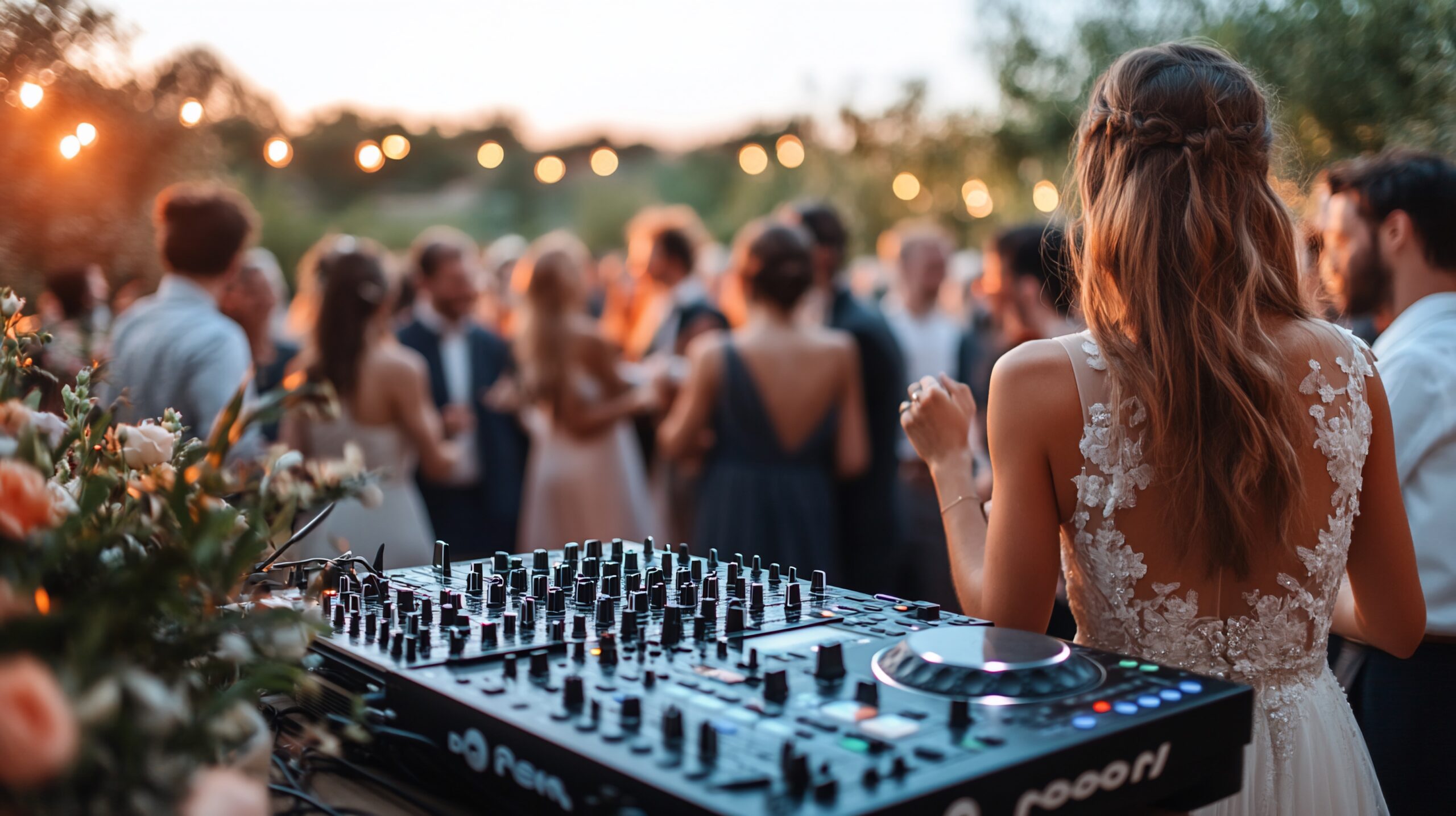 DJ playing music at outdoor wedding reception; guests dancing.